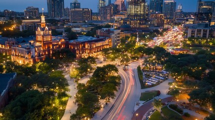 Fototapeta premium Night view of city streets, buildings, and park.