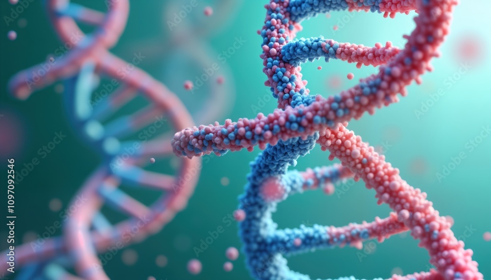 Poster DNA helix structure abstract background. Microscopic view of deoxyribonucleic acid. Genetic research concept. Molecular biology science. Biotechnology innovation. Human genome. Cellular micro