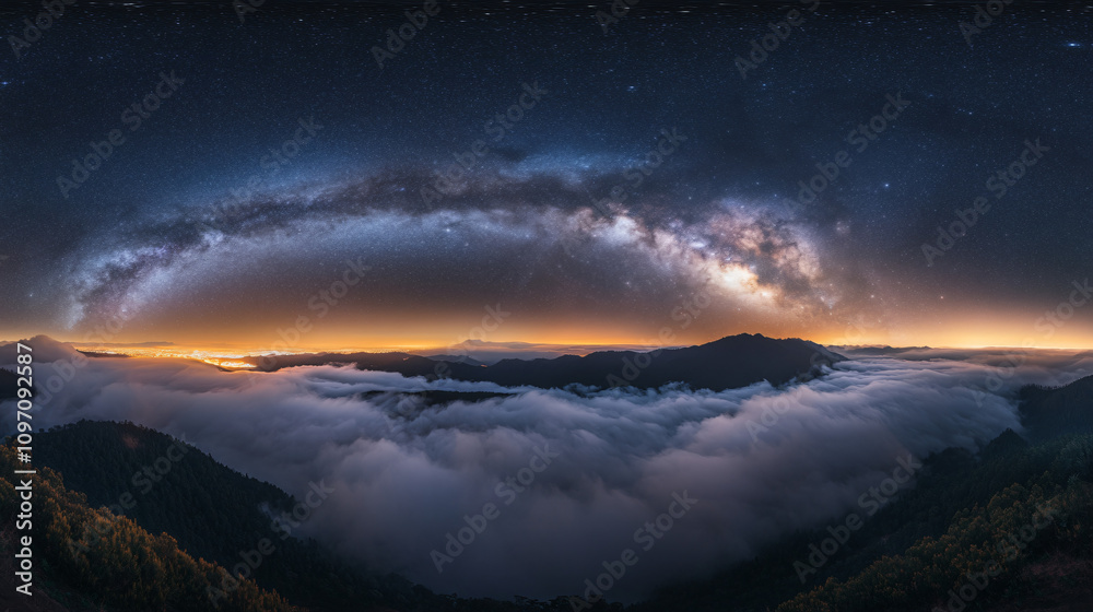 Poster stunning view of the milky way creating a radiant arc over a cloud-covered mountainous terrain again