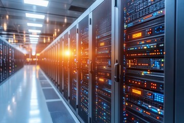 Obraz premium Rows of server racks glow with lights in a data center, showcasing technology and operations at dusk.