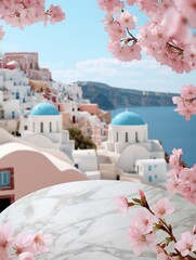 Obraz premium Blossoming cherry trees santorini travel coastal view serenity