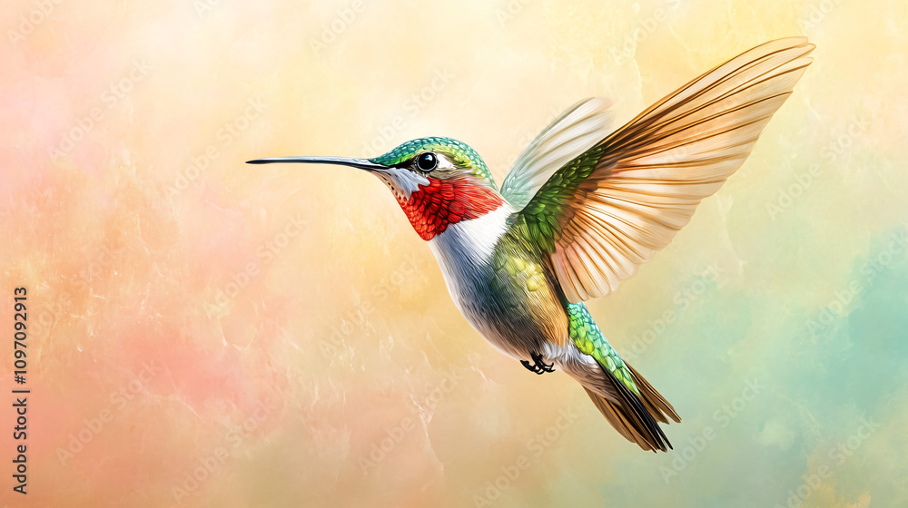 Poster Vibrant ruby-throated hummingbird with colorful plumage and long beak hovering against a soft pastel backdrop