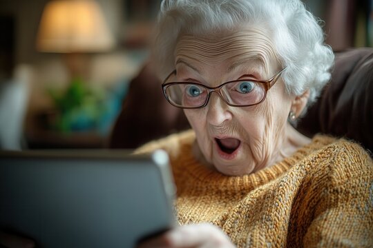 An elderly woman with glasses reacts with surprise while using her tablet in a warm living room. - Powered by Adobe