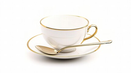Fototapeta premium Elegant Teacup with Saucer and Spoon on White Background