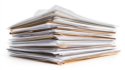 A stack of documents is isolated on a white background. This pile of documents is tall and neat, and it is clear that the documents have been carefully organized. The documents are all white,