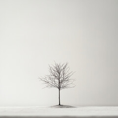 Solitary tree stands against a minimalist winter landscape in muted tones