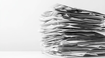 A stack of documents is isolated on a white background. This pile of documents is tall and neat, and it is clear that the documents have been carefully organized. The documents are all white,