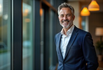 Smiling senior businessman stands near office window. Confident man in suit looks directly at camera. Portrait of successful mature businessperson. Happy male executive in modern building.