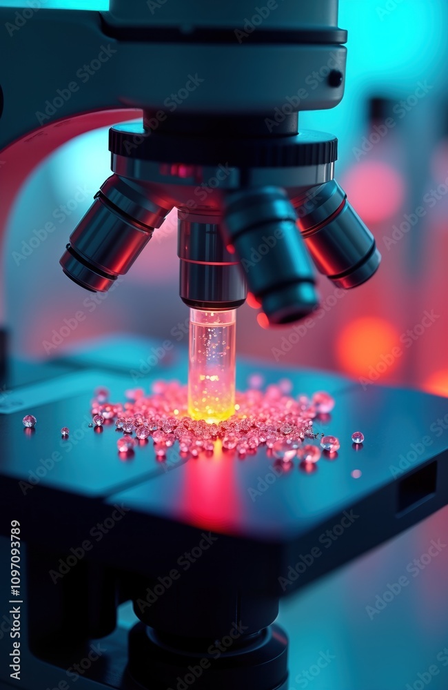 Poster microscope analyzes liquid sample. vibrant droplets illuminate lab. advanced tech. research precisio