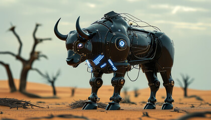 Naklejka premium a black futuristic cyborg angry black bull walking in a desert with dead trees, cyborg black bull, cybernetic armour with wires and neon lights, majestic wildlife, cybergenic futuristic animal, techno