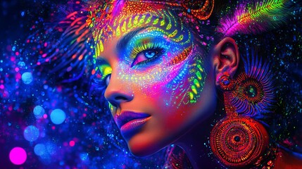 A stunningly vibrant image of a female dancer enveloped in the ethereal glow of neon lights. Her captivating gaze and elaborate fluorescent makeup create a mesmerizing portrait of beauty