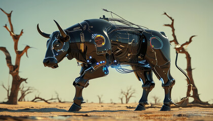 Fototapeta premium a black futuristic cyborg angry black bull walking in a desert with dead trees, cyborg black bull, cybernetic armour with wires and neon lights, majestic wildlife, cybergenic futuristic animal, techno