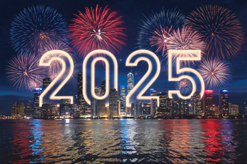 New Year 2025 celebration with fireworks over the city