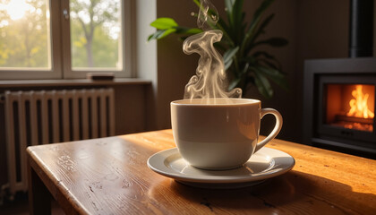 Obraz premium Steaming cup of coffee on wooden table near cozy fireplace in warm interior