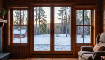 Fototapeta premium Cozy cabin view with snow-covered landscape and wooden door in peaceful setting