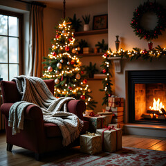 Warm and inviting christmas living room with tree, fire, and gifts, photography of interior design concept.