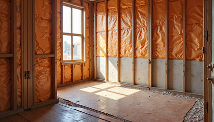 Insulated room under construction with orange insulation panels and window