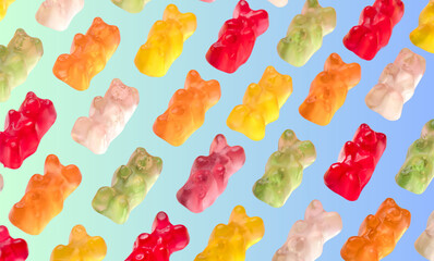 Colorful jellybean bears in a row, red, yellow