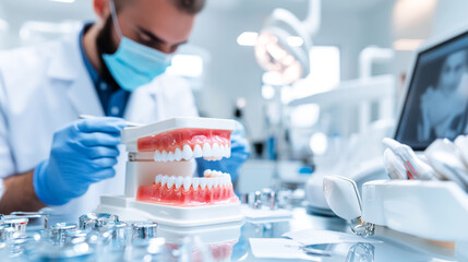 Dental Precision: A close-up shot of a dentist meticulously examining a dental model in a modern dental office. The image captures the dedication and skill of a dental professional.
