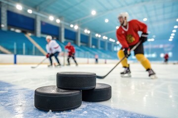 Fototapeta premium A group of hockey players in red and white jerseys engages in practice on the ice rink. In the foreground, several pucks are positioned, highlighting the focus of the training environment.