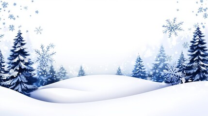 Beautiful snowy landscape with firs and drifts Merry Christmas and Happy New Year background with space for text Winter wonderland