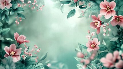 Elegant pink flowers and green leaves create a beautiful frame on a soft green background, perfect for spring and nature-themed designs