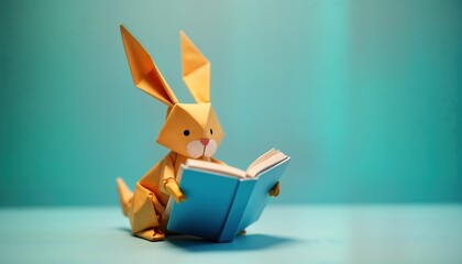 Origami rabbit reads book. Paper animal holds blue literature. Craft art design. School lesson hobby. Creative skill study. Cute artwork. Fold paper rabbit.