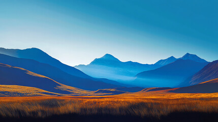Obraz premium Golden meadow leading to majestic blue mountains at sunrise, creating a breathtaking landscape