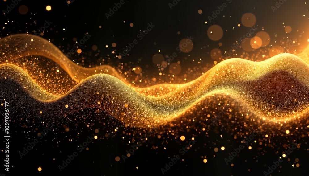 Poster abstract gold particle background design. shiny glittering texture. festive holiday wallpaper. brigh