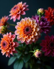 Obraz premium Vibrant dahlia bouquet. Romantic purple pink orange flowers. Moody dark background. Botanical wedding decor. Floral arrangement. Indoor plant. Elegant wallpaper. Alluring blooms. Floral design. Dark