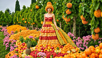Fototapeta premium A woman is standing in front of a fruit display, wearing a dress made of fruit