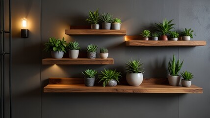Wooden shelves with potted plants against dark wall.