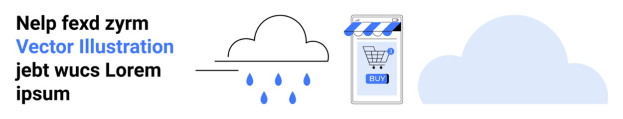 Cloud with raindrops, smartphone with shopping cart and BUY button, blue cloud background. Ideal for weather apps, online store banners, e-commerce, digital marketing, user interface, web design