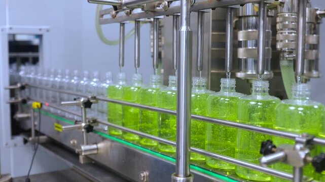 chemical liquid sanitiser gel fills in bottles aqueous soap hand wash detergent production line filling making process in a plastic transparent bottle manufacturing factory. bottle nozzle fixing. 