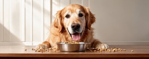Golden retriever enjoying a meal from a silver bowl on a wooden surface in a bright indoor space
