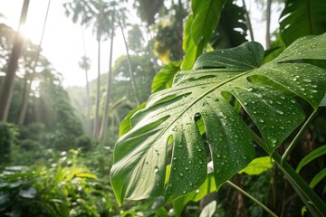 Fototapeta premium Dew glistens on large leaves in a vibrant rainforest at dawn, surrounded by towering trees.