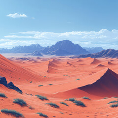 Naklejka premium Red Sand Dunes and Distant Mountains under a Blue Sky