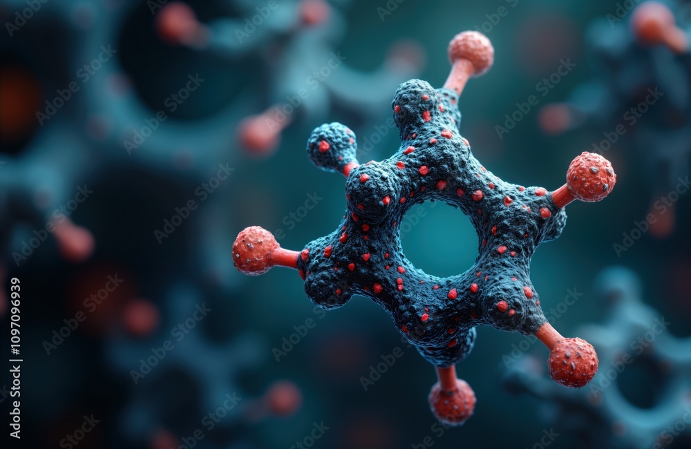 Aufkleber AI analyzes molecule structure. 3D rendering shows complex atom bonds. Biomedical tech innovation. Future science concept. Artificial intelligence assistance. Molecular research.