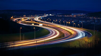 Aerial view of a highway at night, showcasing light trails from moving vehicles. Depicts dynamic movement, urban landscape, and concepts of speed, transportation, and modern infrastructure. 