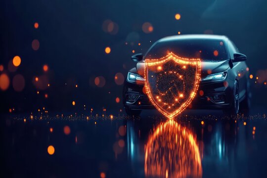 Car surrounded by a glowing insurance shield, highlighting the importance auto insurance coverage.