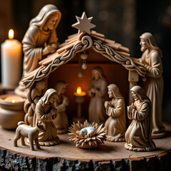 A tranquil nativity scene with figurines and candlelight, photography of still life concept.