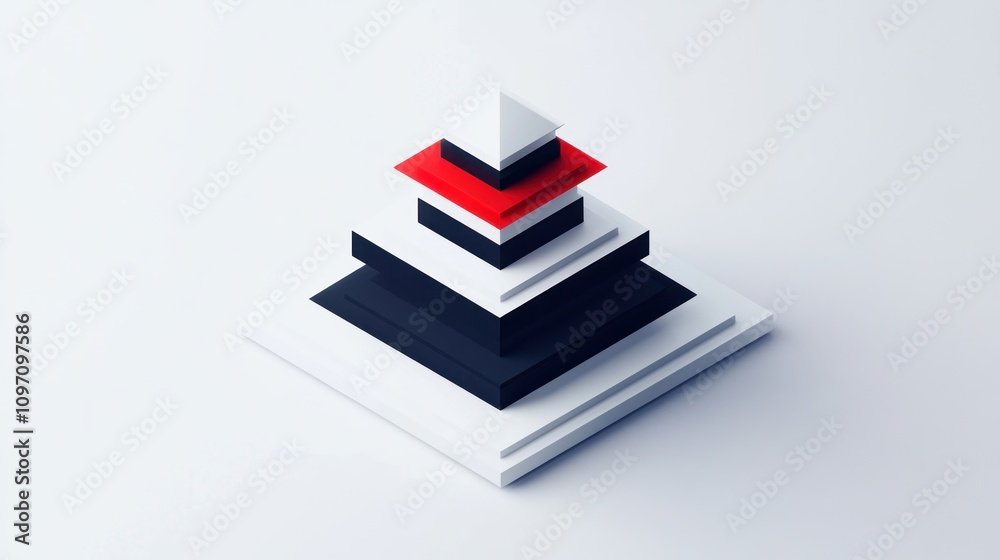 Poster a geometric pyramid structure composed of layered shapes in black, white, and red.
