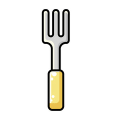 Outline cute fork with a yellow handle. Vector illustration icon isolated on white background