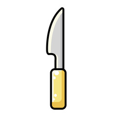 Kitchen cutlery icon knife. Outline cute kawaii knife with a yellow handle vector illustration isolated on white background