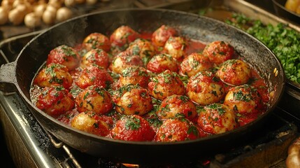 Naklejka premium Freshly cooked herb-covered meatballs in tomato sauce in rustic pan