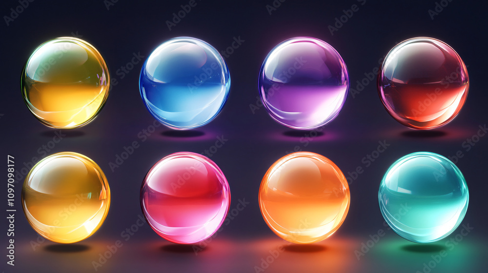 Poster eight colorful glossy spheres are floating on a dark background, creating a vibrant and captivating 