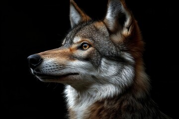 Obraz premium portrait of a majestic adult wolf against a dark backdrop, capturing the strength and wild beauty of this creature, highlighting its piercing gaze and intricate fur textures