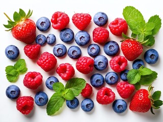 Obraz premium Fresh berries scattered on a white surface with mint leaves for a vibrant and healthy snack