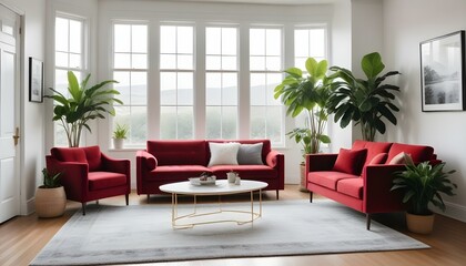 Un salón moderno con un sofá de terciopelo rojo, paredes blancas y varias obras de arte enmarcadas en las paredes. La habitación también cuenta con una planta en maceta y un estilo de decoración minim