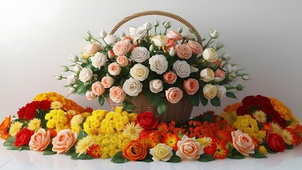 Bouquet of flowers in a basket isolated on white background, Generative AI	